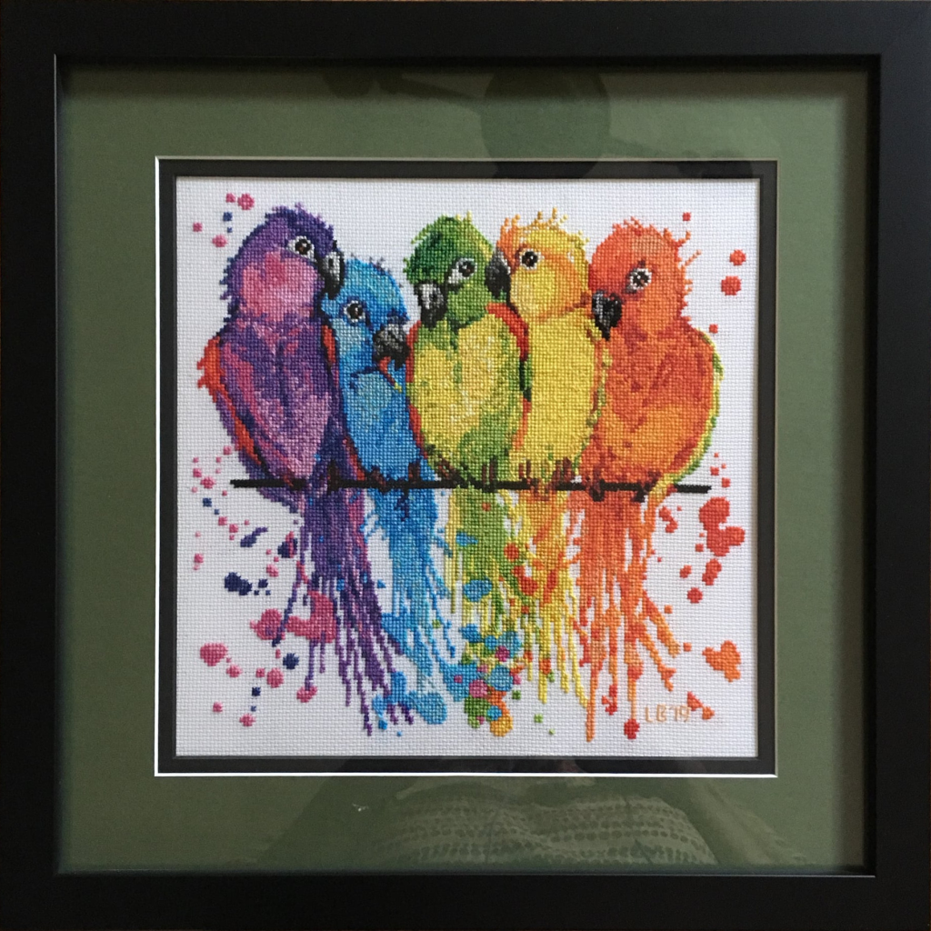 Framed piece of group of colorful parrots